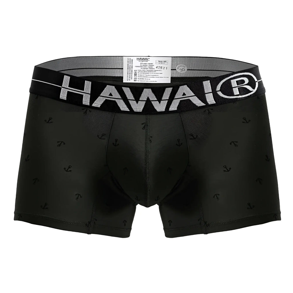 Black Hawai men’s boxer briefs military green cotton blend with subtle anchor pattern and white logo waistband