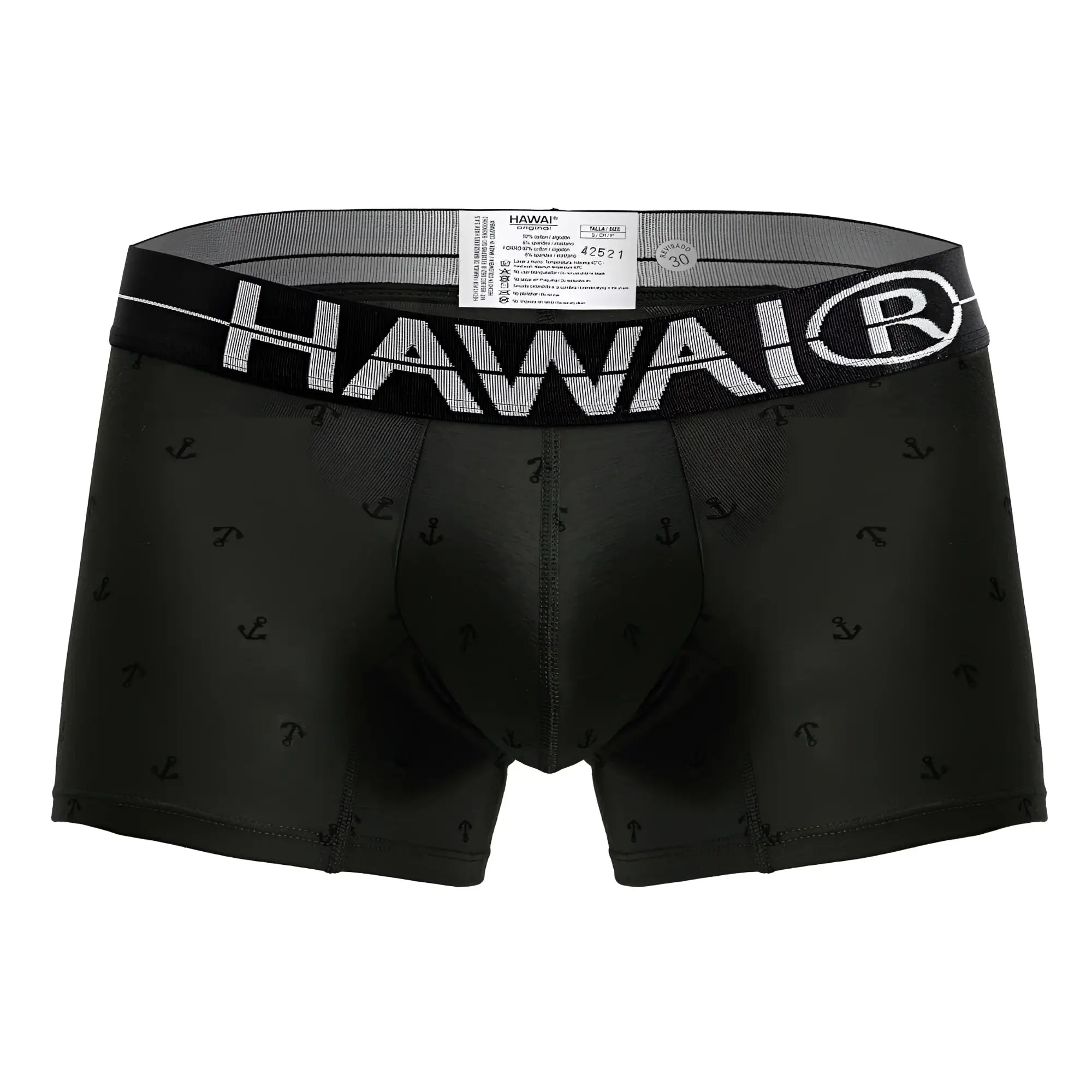 Black Hawai men’s boxer briefs military green cotton blend with subtle anchor pattern and white logo waistband