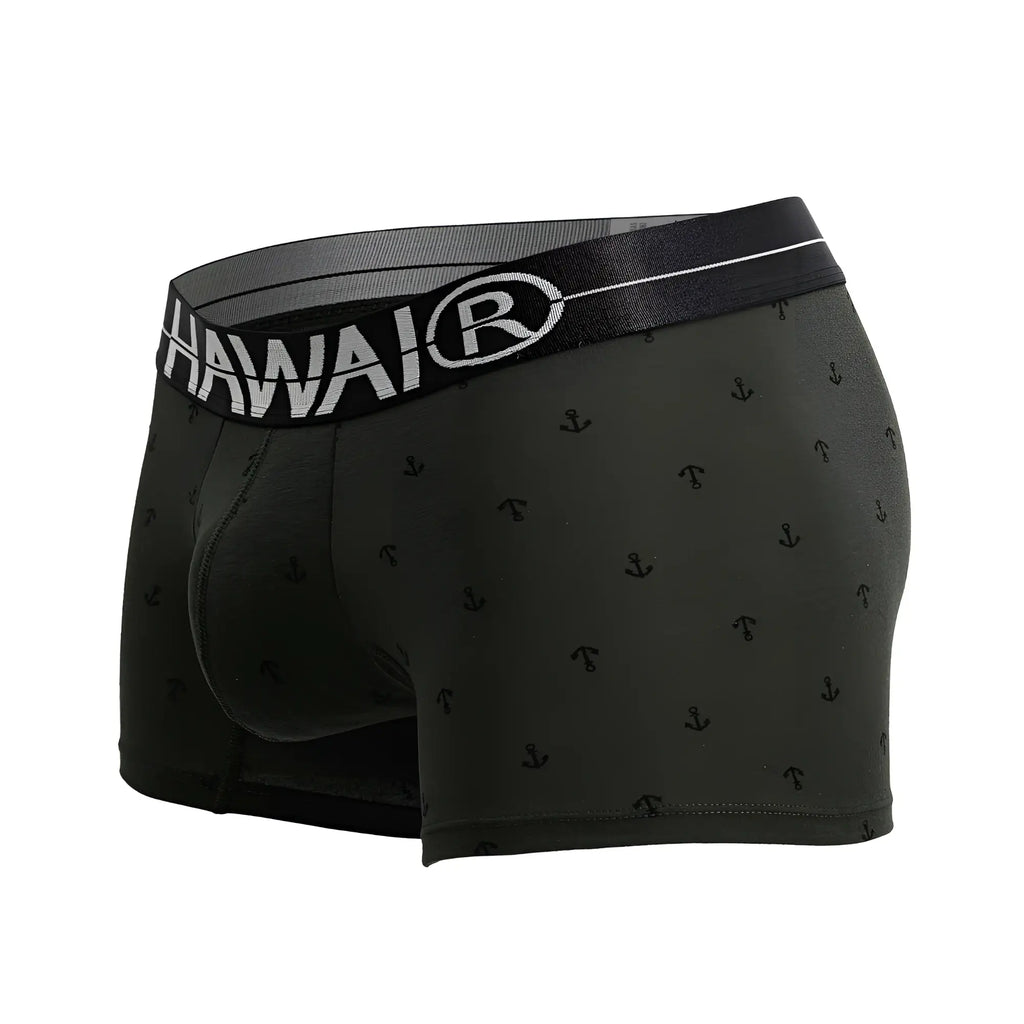 Black hawaiian men’s cotton blend boxer briefs in military green with subtle anchor pattern and branded elastic waistband