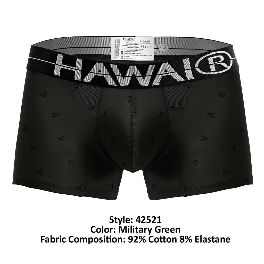 Black men’s boxer briefs with subtle anchor pattern and bold white Hawai logo on military green cotton blend trunks