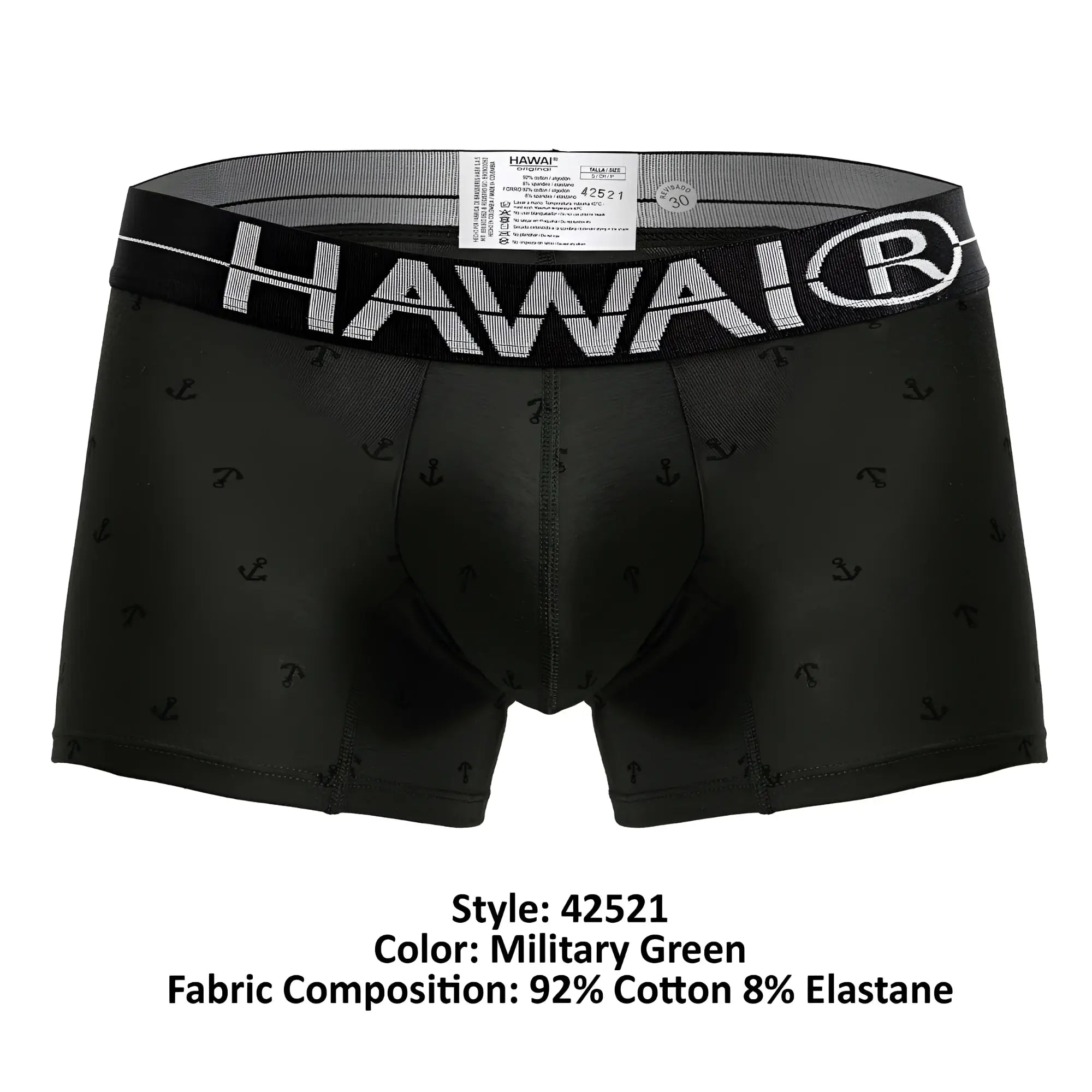 Black men’s boxer briefs with subtle anchor pattern and bold white Hawai logo on military green cotton blend trunks