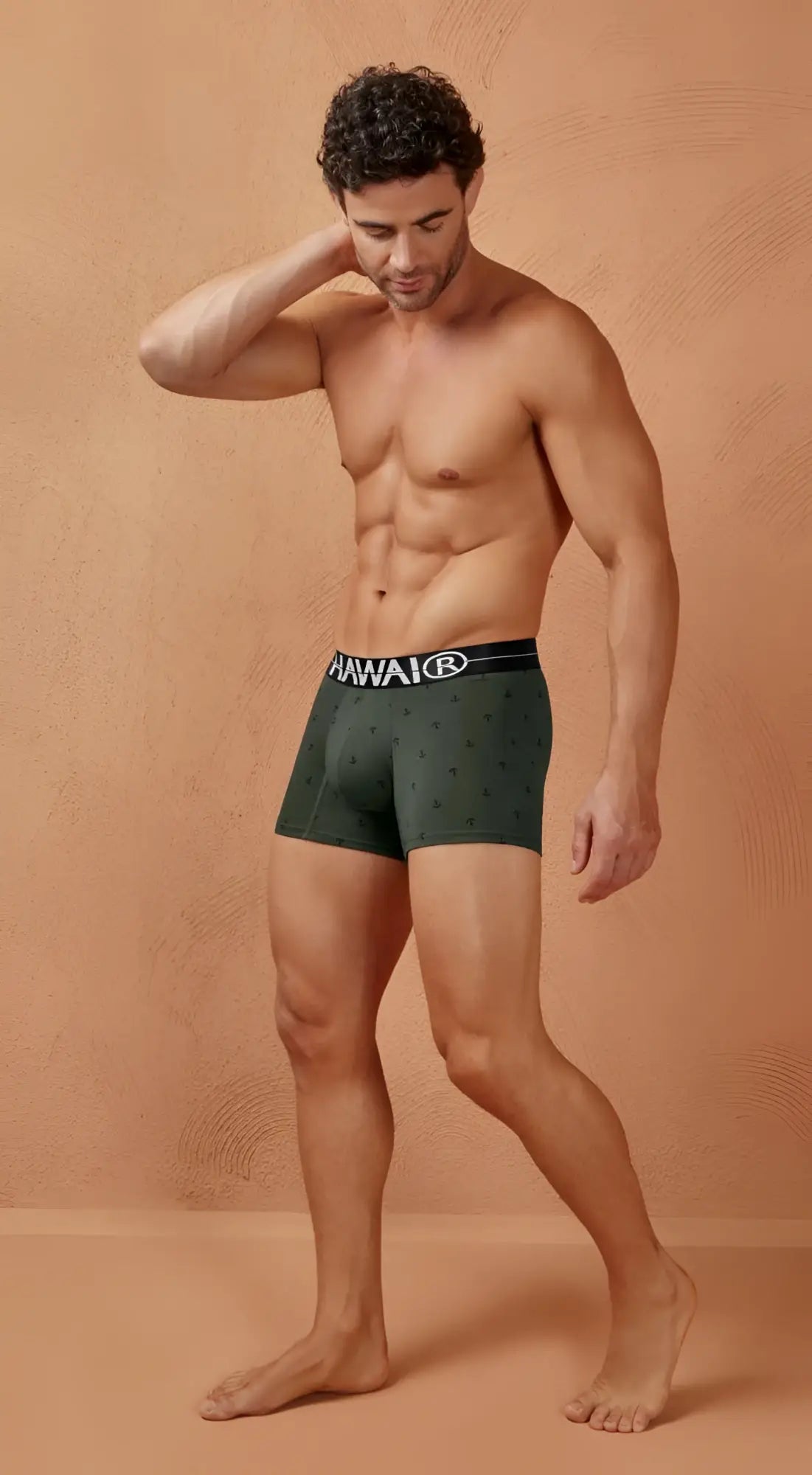 Dark green hawaiian cotton blend boxer briefs with a black waistband featuring the brand logo in military green color