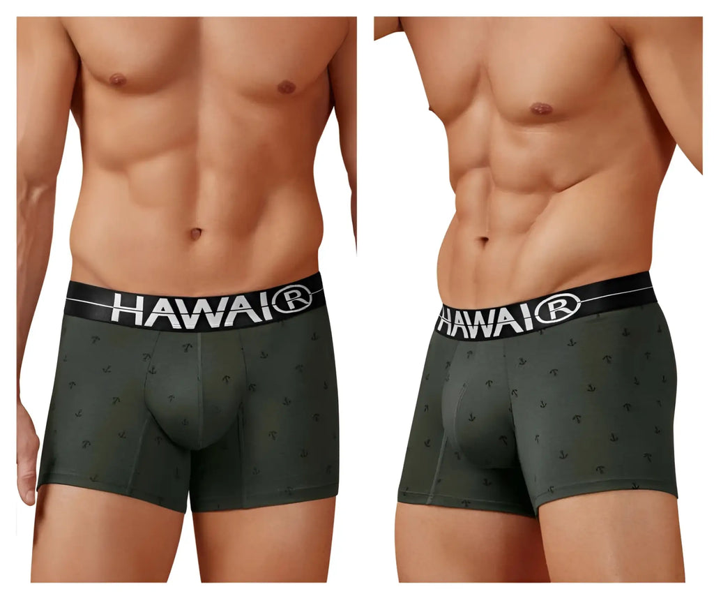 Dark green hawaiian men’s cotton blend boxer briefs with anchor pattern and black waistband with hawaii logo