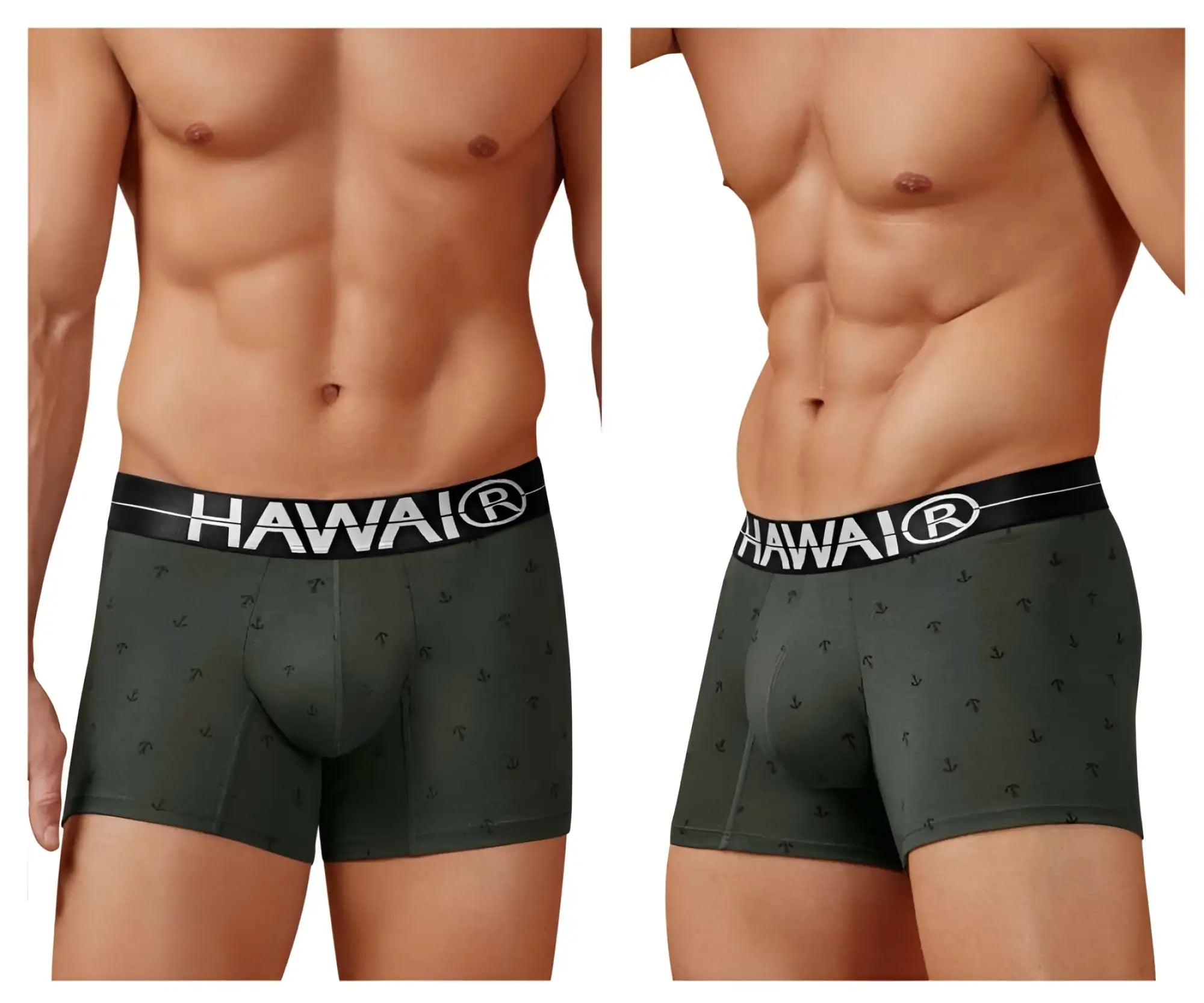 Dark green hawaiian men’s cotton blend boxer briefs with anchor pattern and black waistband with hawaii logo