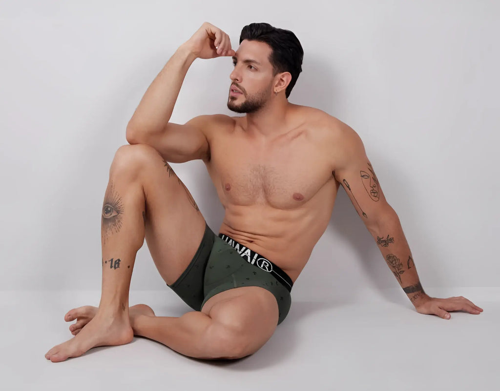 Olive green men’s cotton blend boxer briefs with black waistband and white hanai branding hawai 42521 trunks