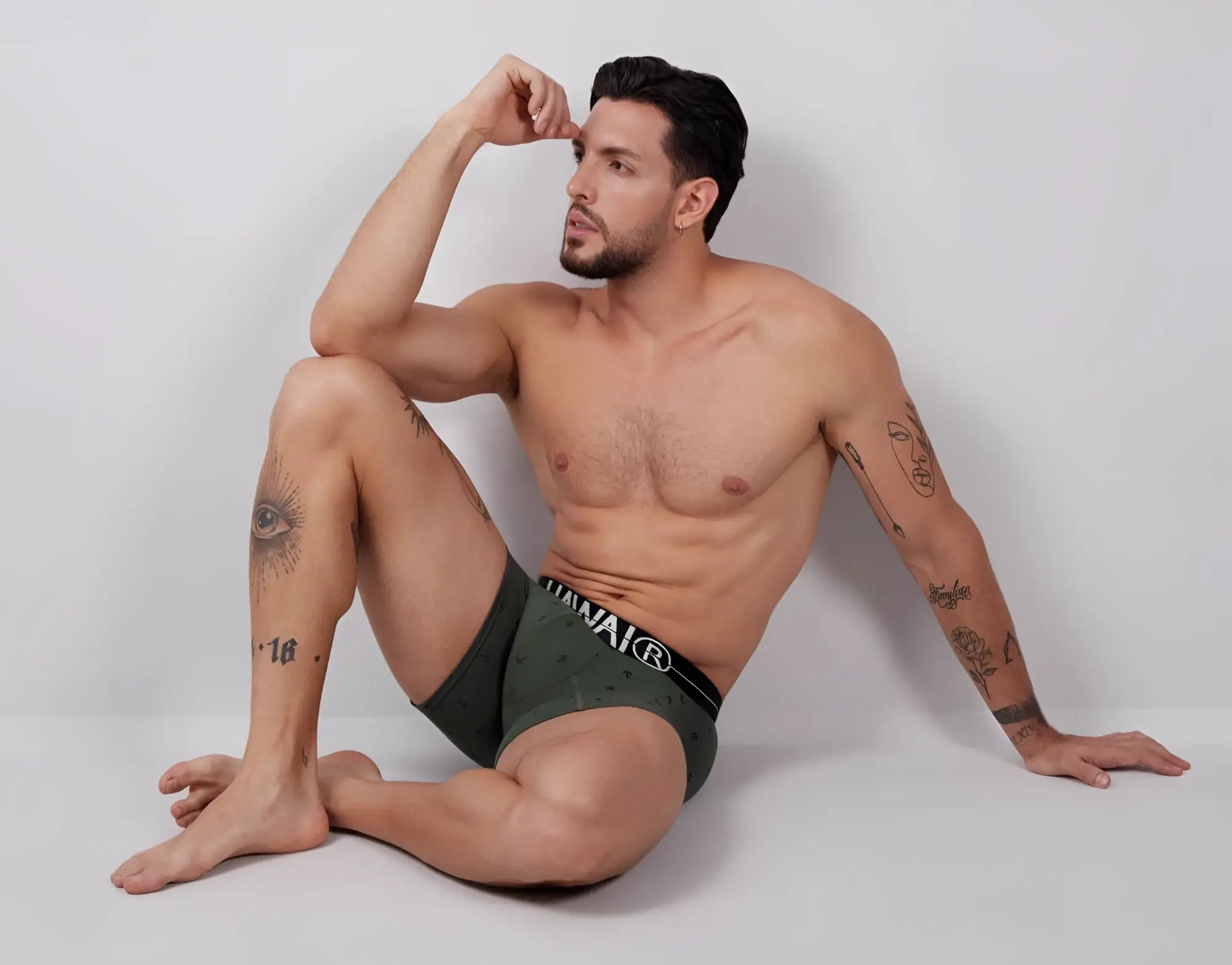Olive green men’s cotton blend boxer briefs with black waistband and white hanai branding hawai 42521 trunks