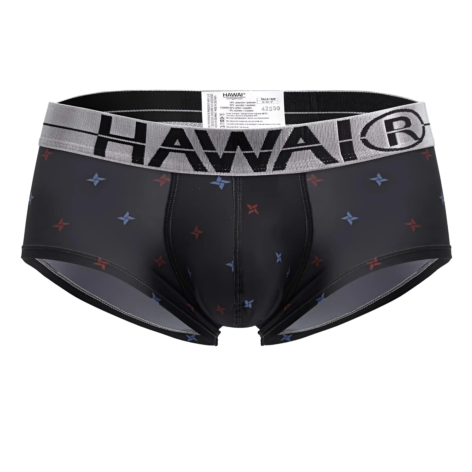 Black hawai men’s microfiber briefs in gray with a gray waistband, brand logo, and red and blue star patterns