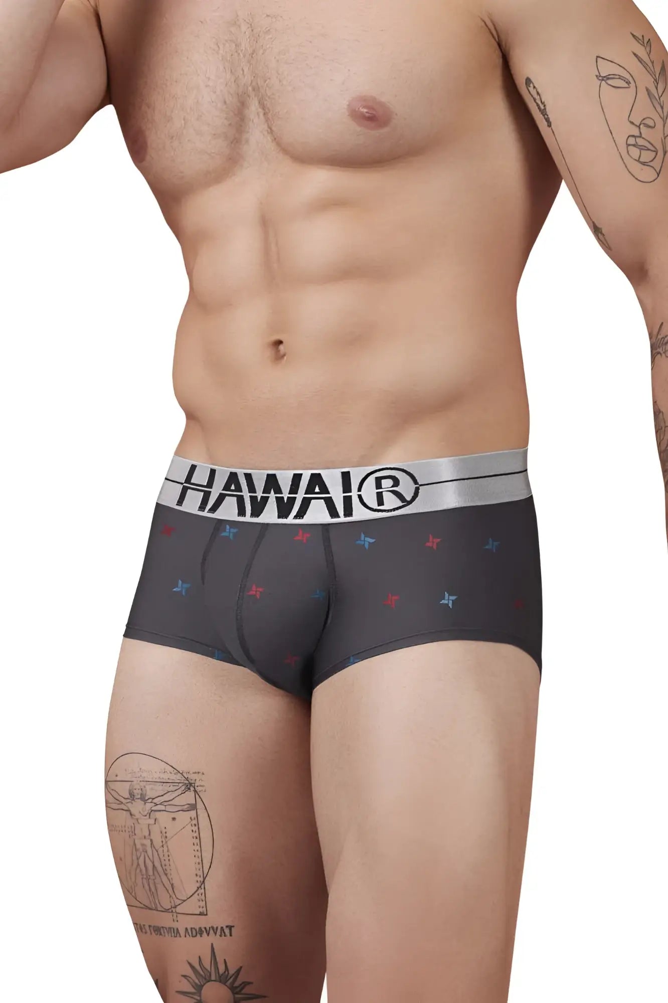 Black men’s boxer briefs in gray microfiber with silver hawai waistband and red blue star patterns