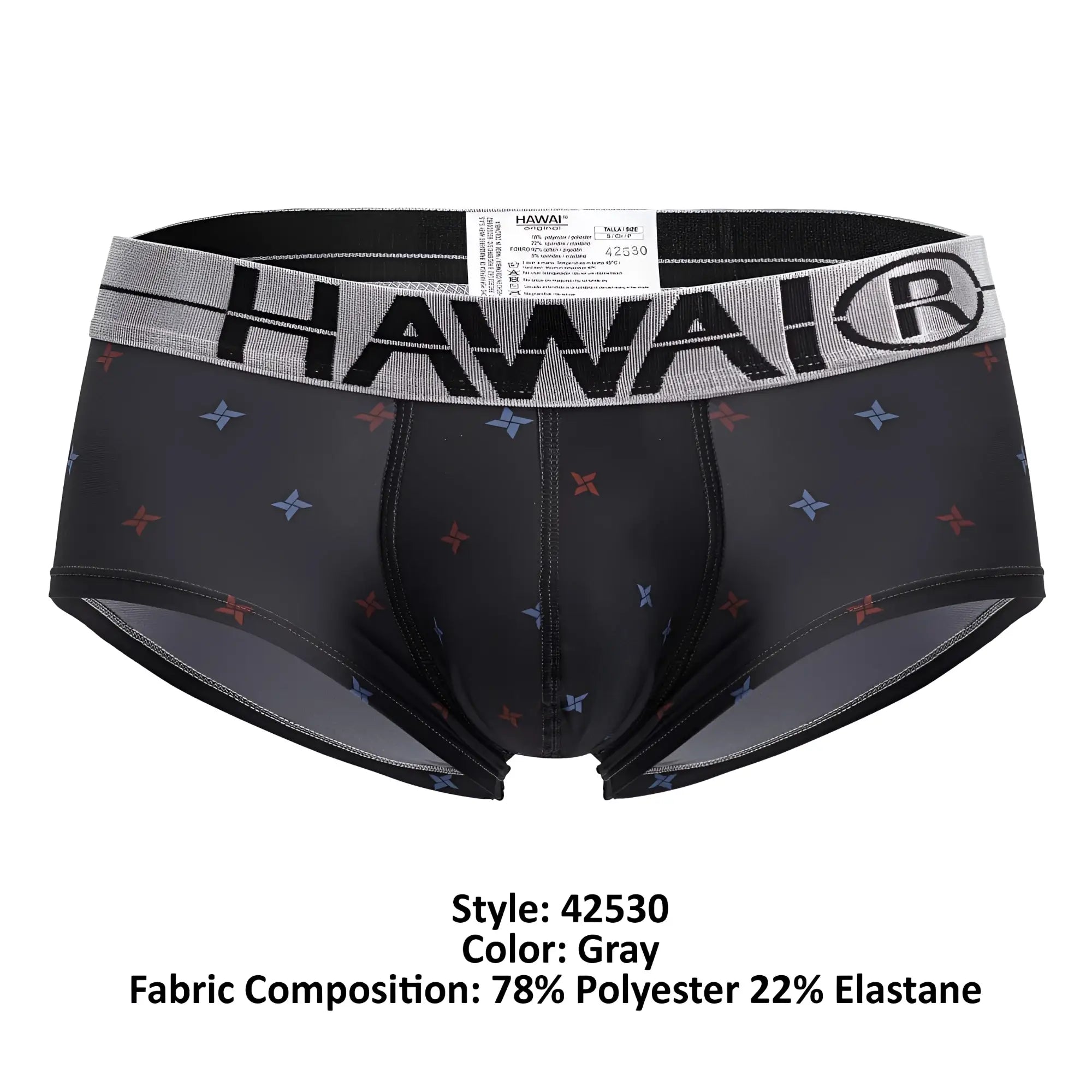 Gray hawai brand men’s microfiber briefs in gray with black waistband and red blue star patterns printed design