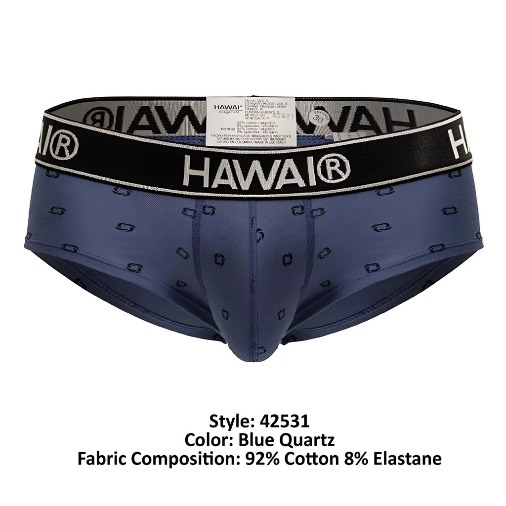 Blue quartz Hawai 42531 cotton blend men’s briefs with black s-shaped pattern and black waistband with Hawai logo