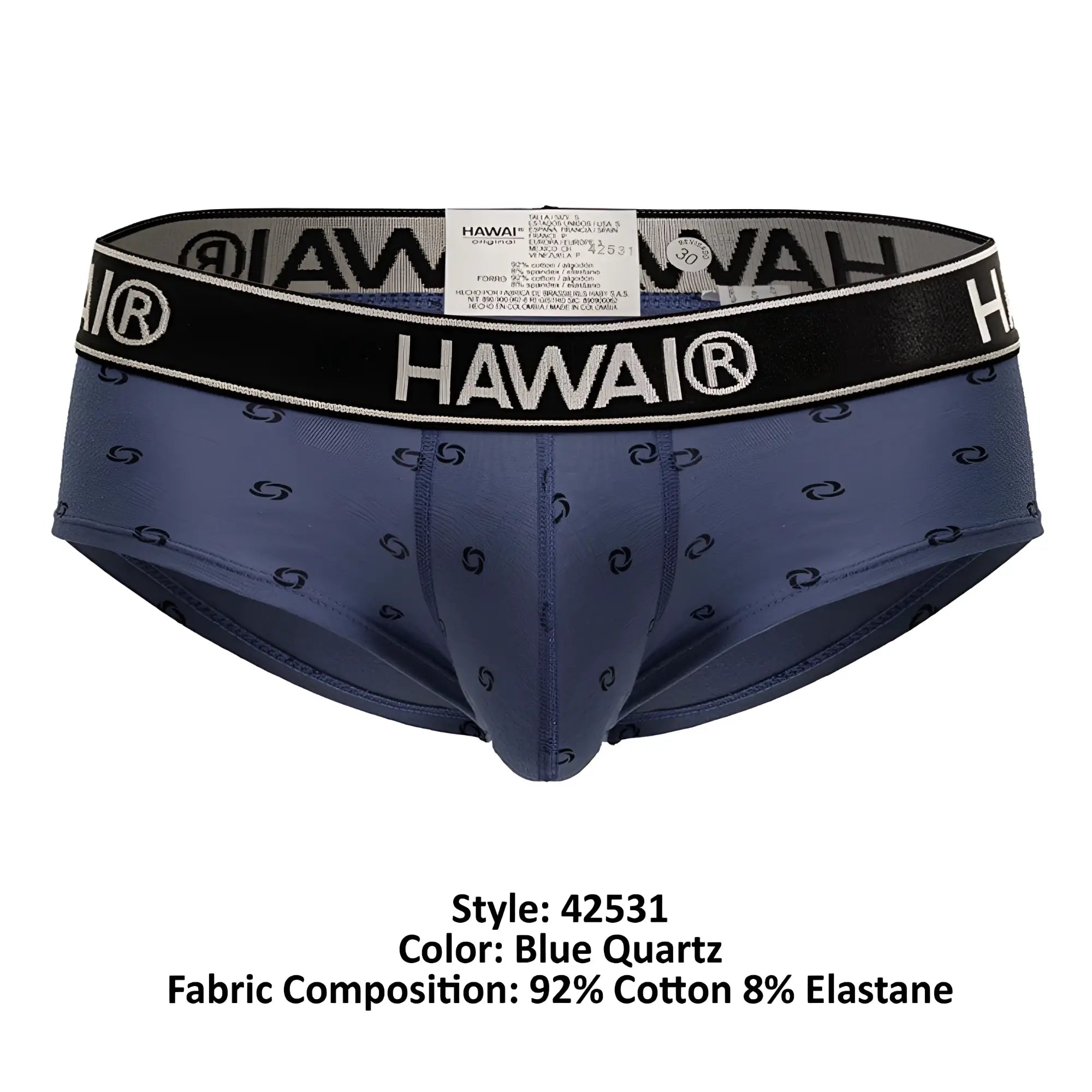 Blue quartz Hawai 42531 cotton blend men’s briefs with black s-shaped pattern and black waistband with Hawai logo