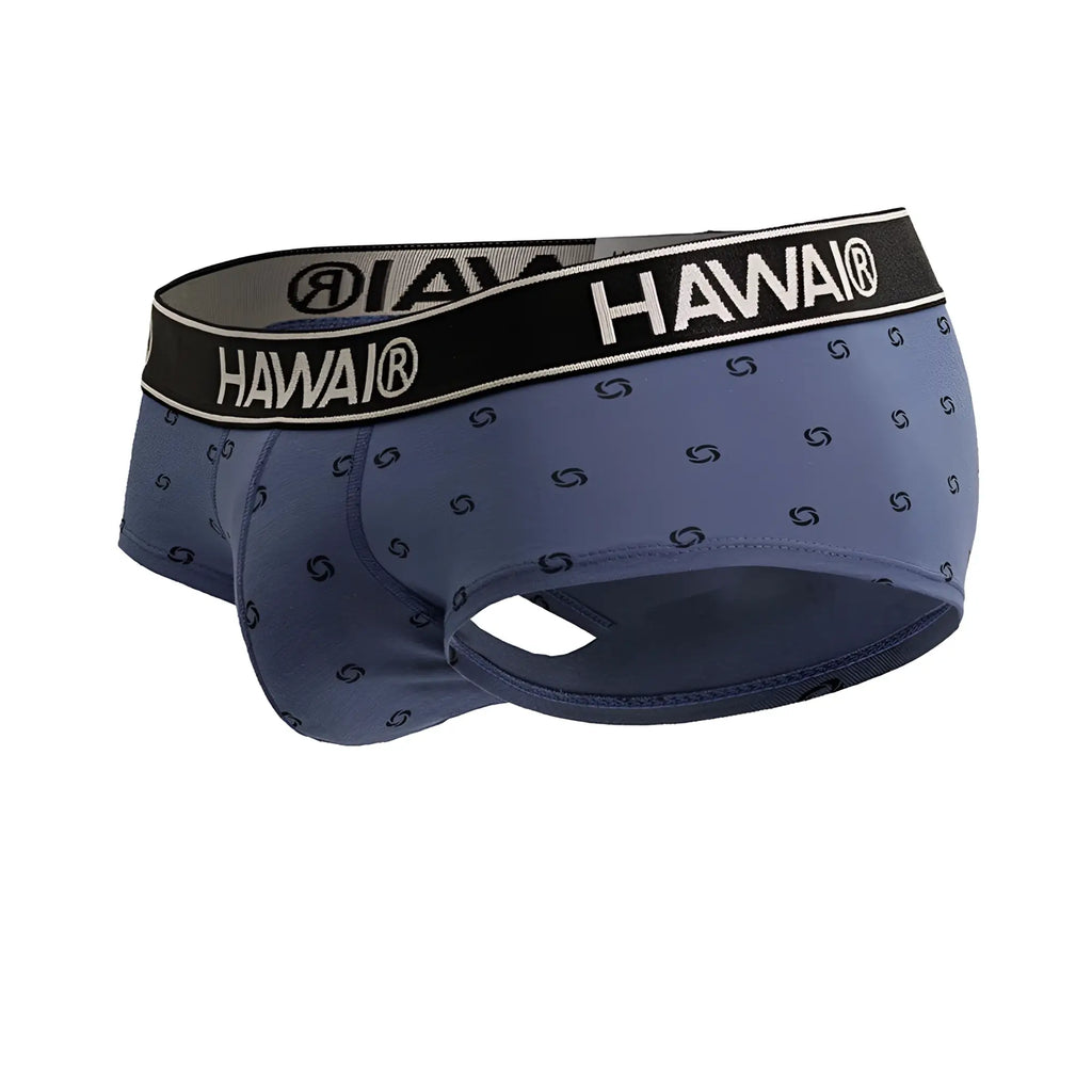 Blue hawai cotton blend men’s briefs in blue quartz with black waistband and white lettering featuring dark blue swirls