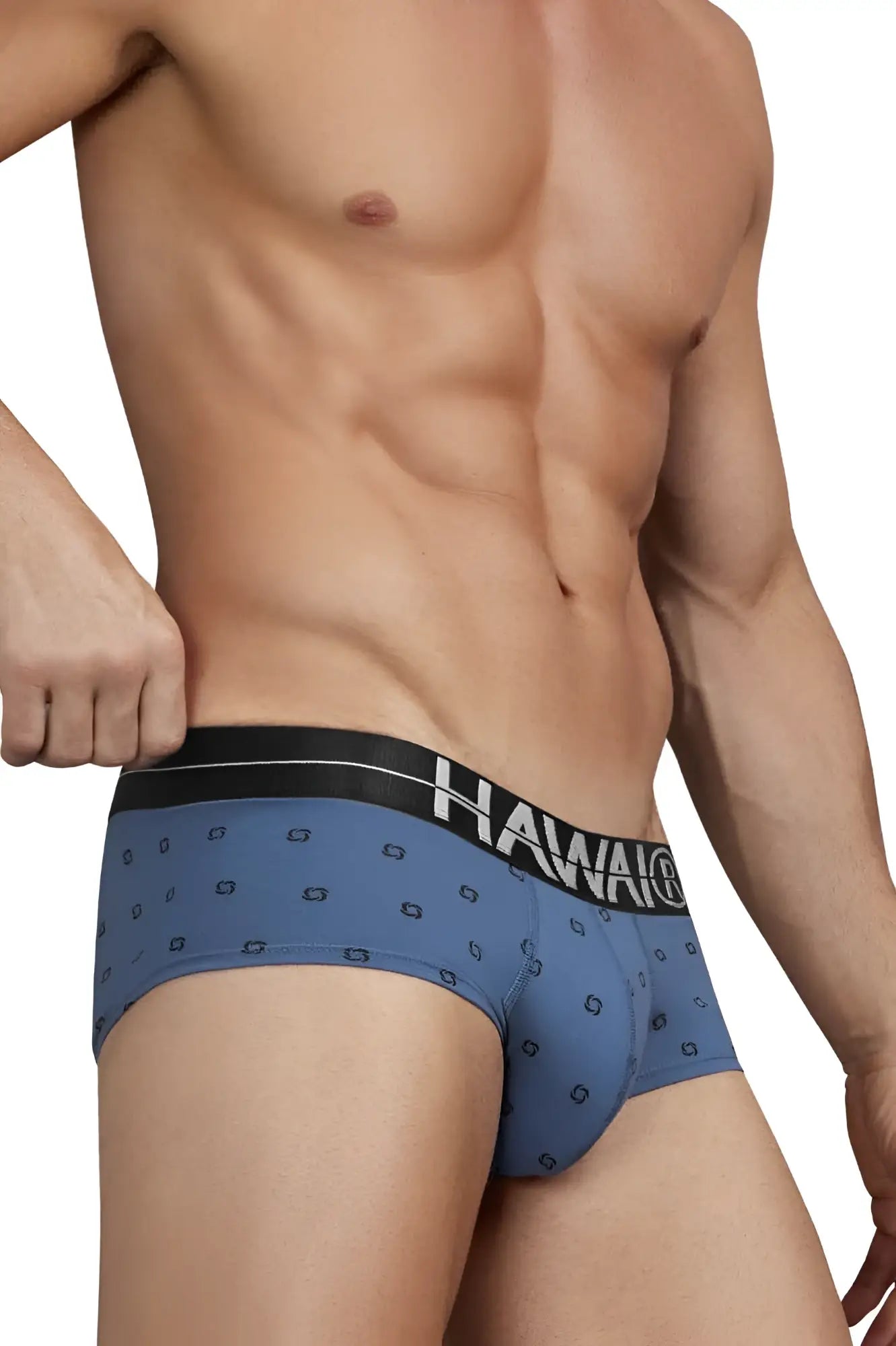 Blue hawaiian cotton blend men’s briefs in blue quartz with black waistband and white brand name and geometric pattern
