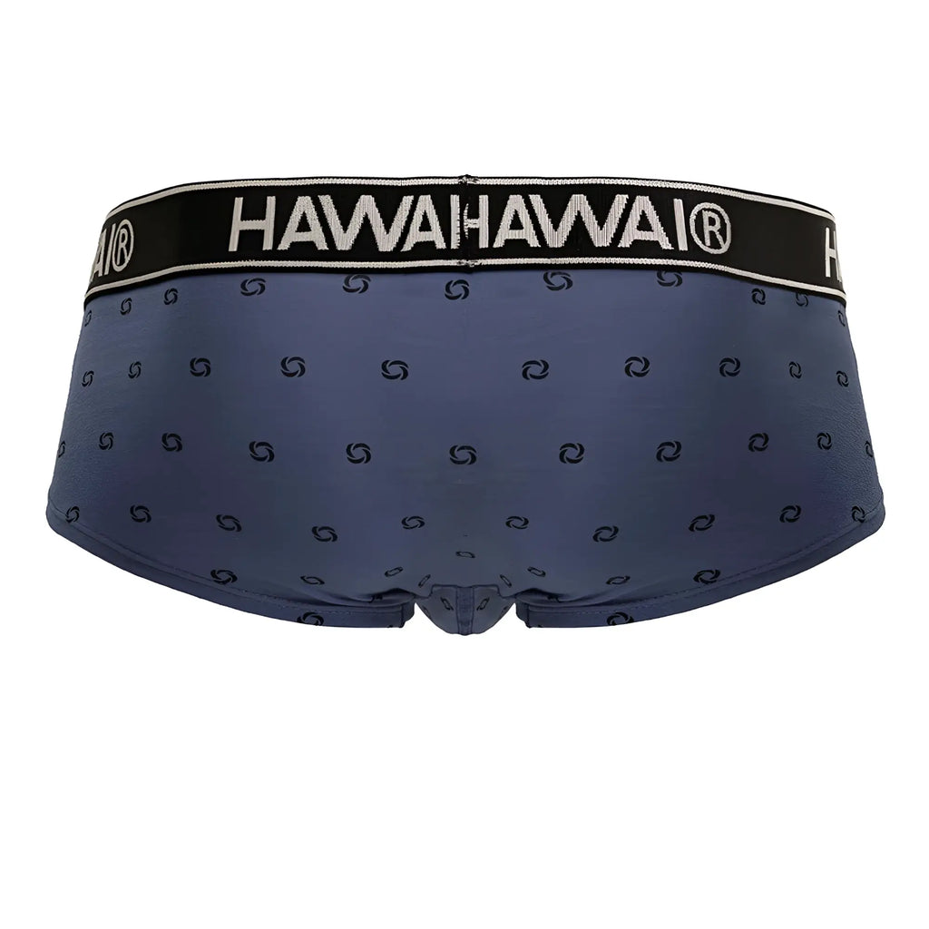 Navy blue hawahawai cotton blend briefs with black waistband and white logo featuring swirl patterns, blue quartz color