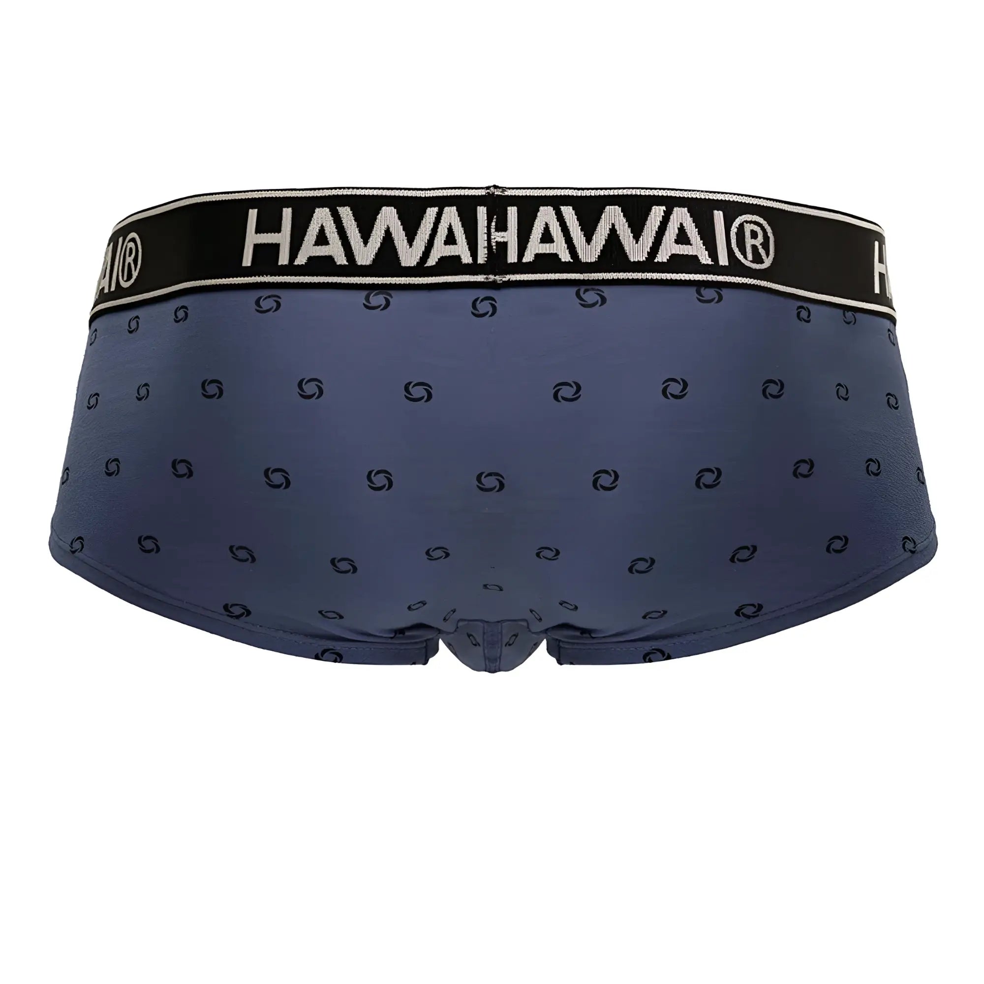 Navy blue hawahawai cotton blend briefs with black waistband and white logo featuring swirl patterns, blue quartz color