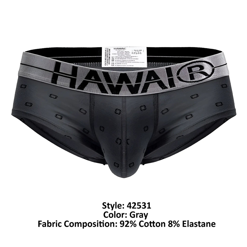 Gray hawai 42531 cotton blend men’s briefs with subtle repeating s pattern and contrasting gray waistband with logo