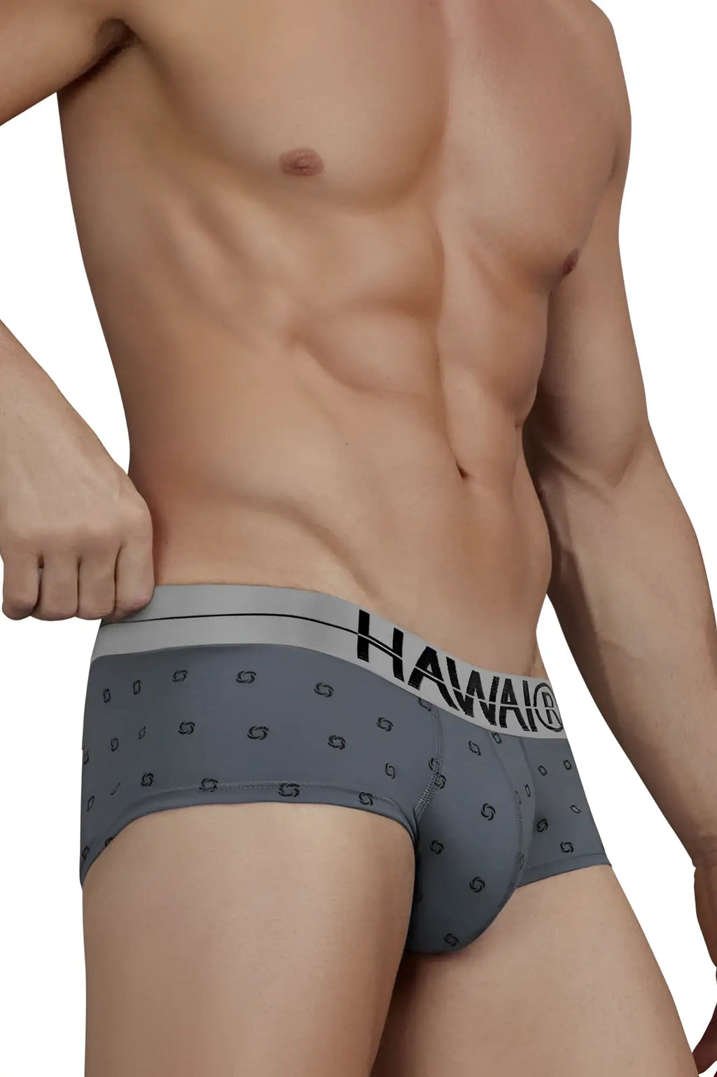 Gray hawaiian cotton blend men’s briefs with subtle geometric pattern and black hawaiian branding on waistband