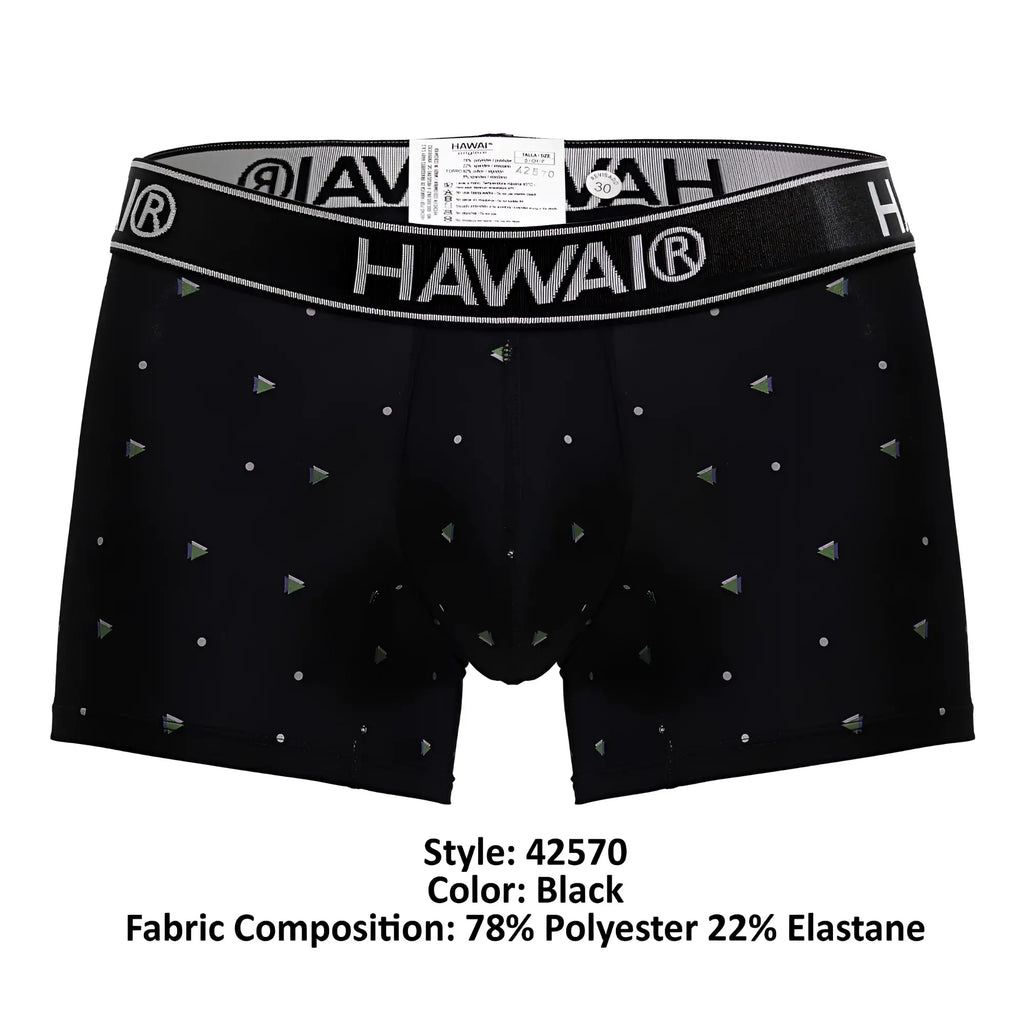 Black Hawai 42570 microfiber boxer briefs in black with silver triangle and dot pattern and elastic waistband branding