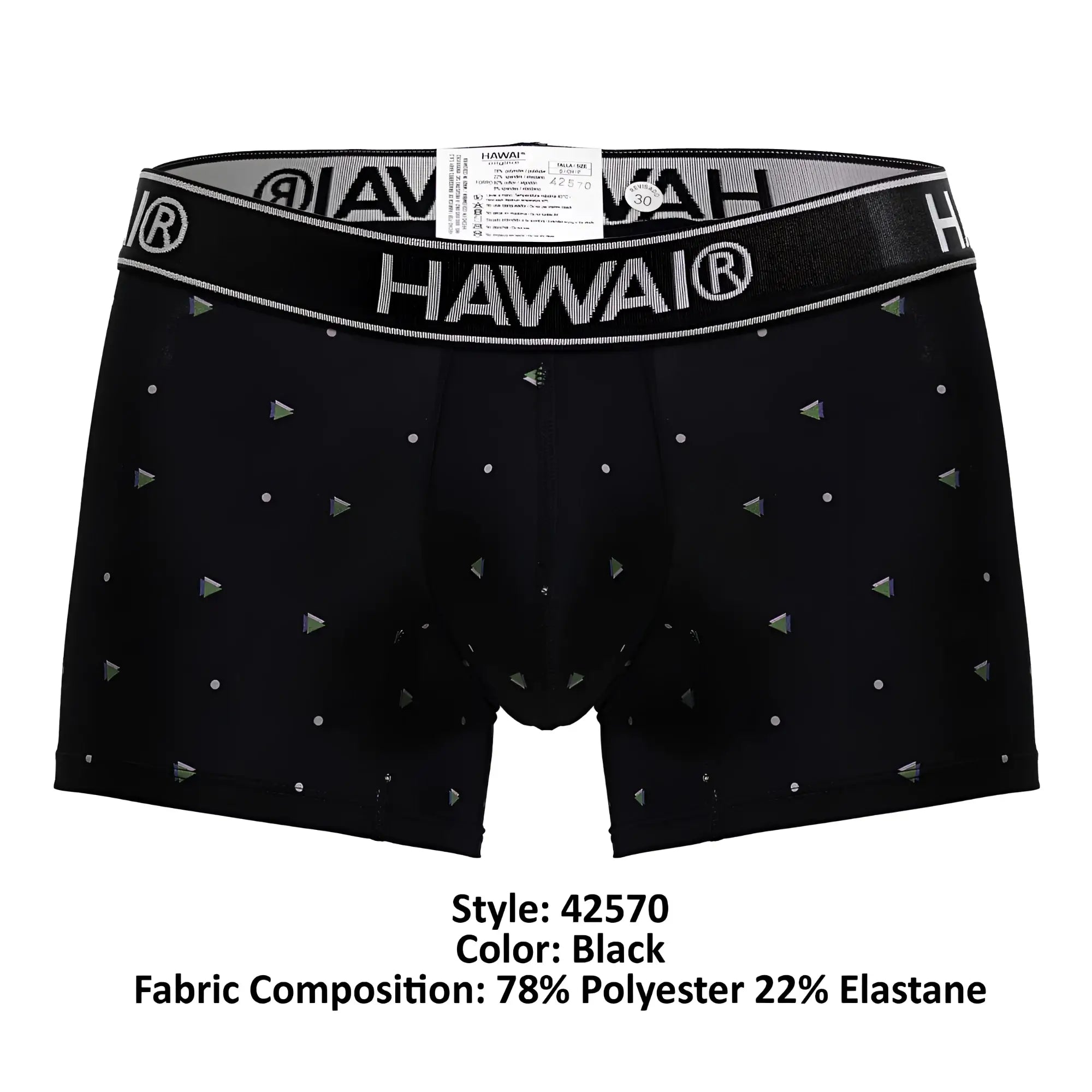 Black Hawai 42570 microfiber boxer briefs in black with silver triangle and dot pattern and elastic waistband branding