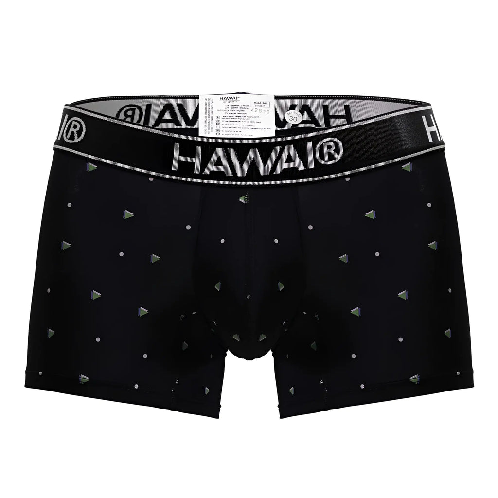 Black Hawai 42570 microfiber boxer briefs with silver logo band and metallic triangle and dot patterns