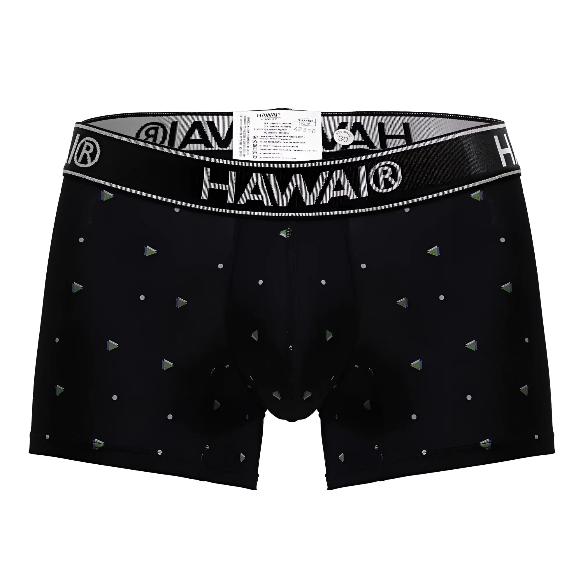 Black Hawai 42570 microfiber boxer briefs with silver logo band and metallic triangle and dot patterns