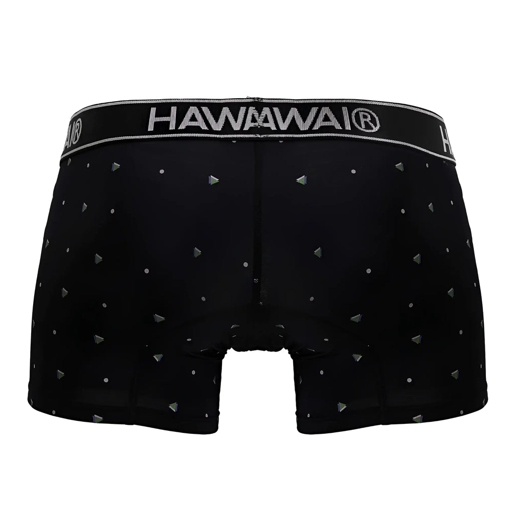 Black hawaii boxer briefs in microfiber fabric with silver triangular and dot pattern called hawai 42570 trunks