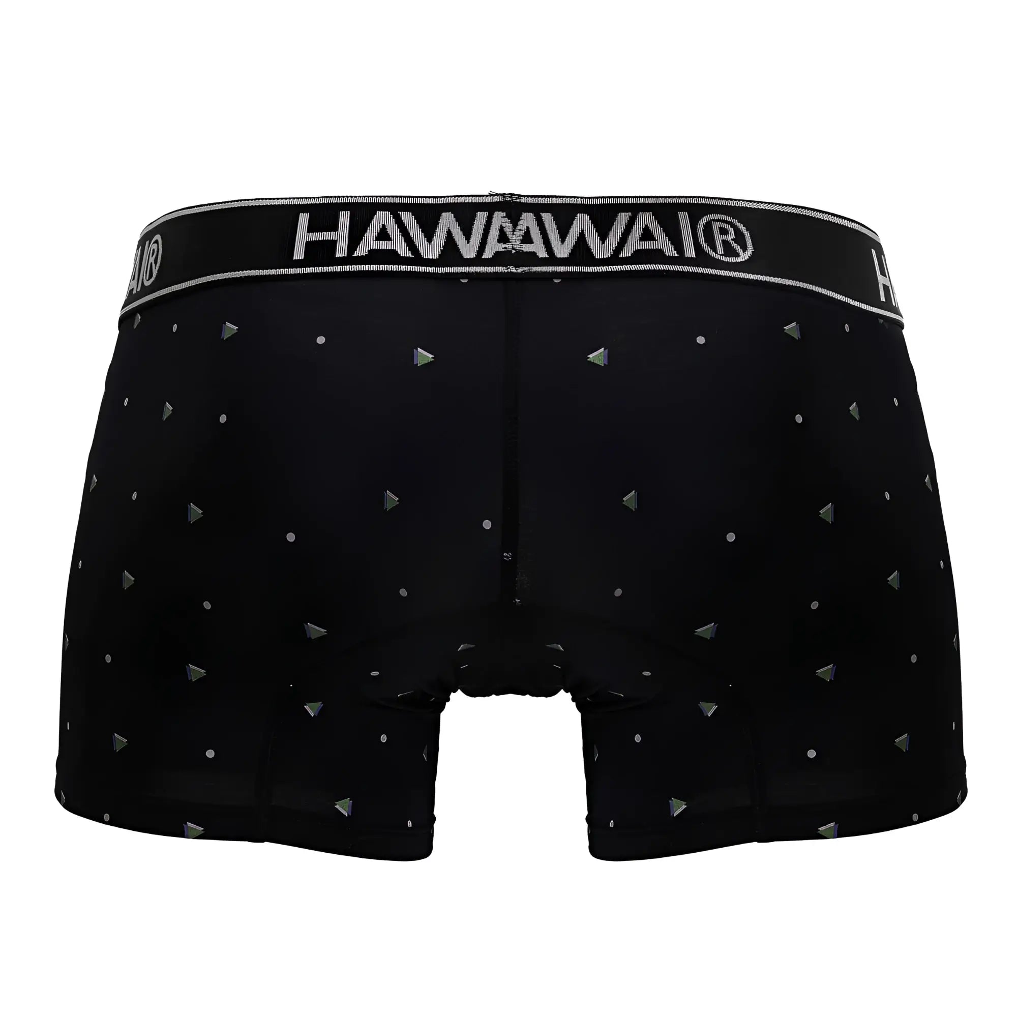 Black hawaii boxer briefs in microfiber fabric with silver triangular and dot pattern called hawai 42570 trunks