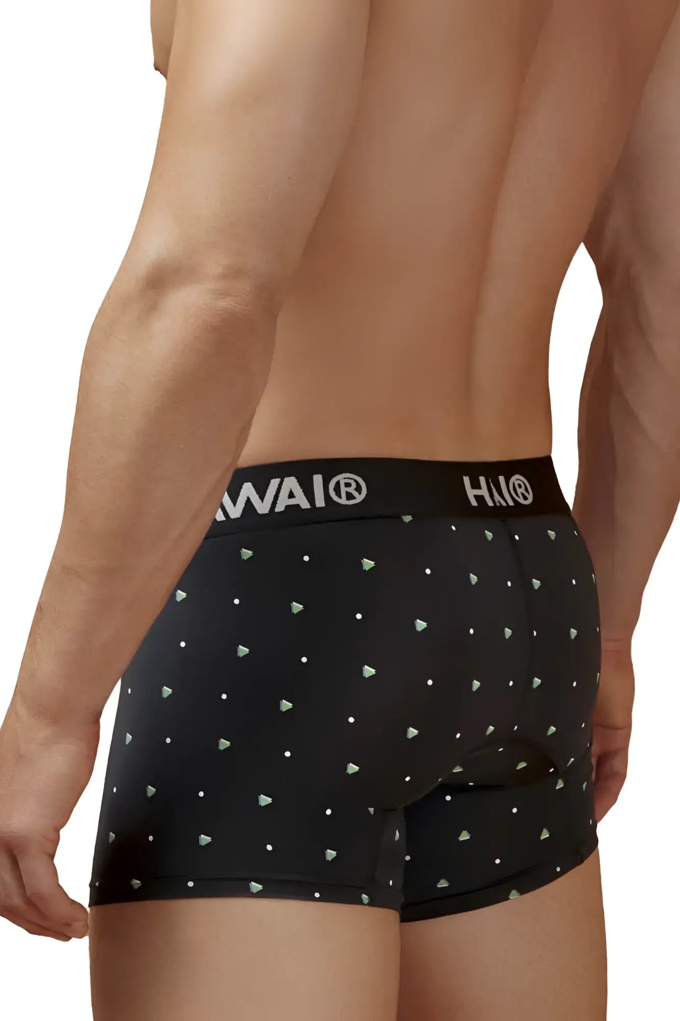 Black men’s HAWAI 42570 microfiber trunks in black with light green and white triangle pattern and hawai waistband