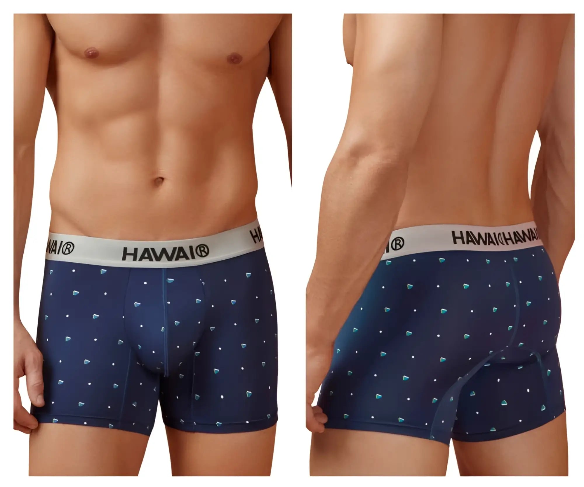 Navy blue hawaii microfiber trunks with subtle diamond pattern and white elastic waistband color dark blue