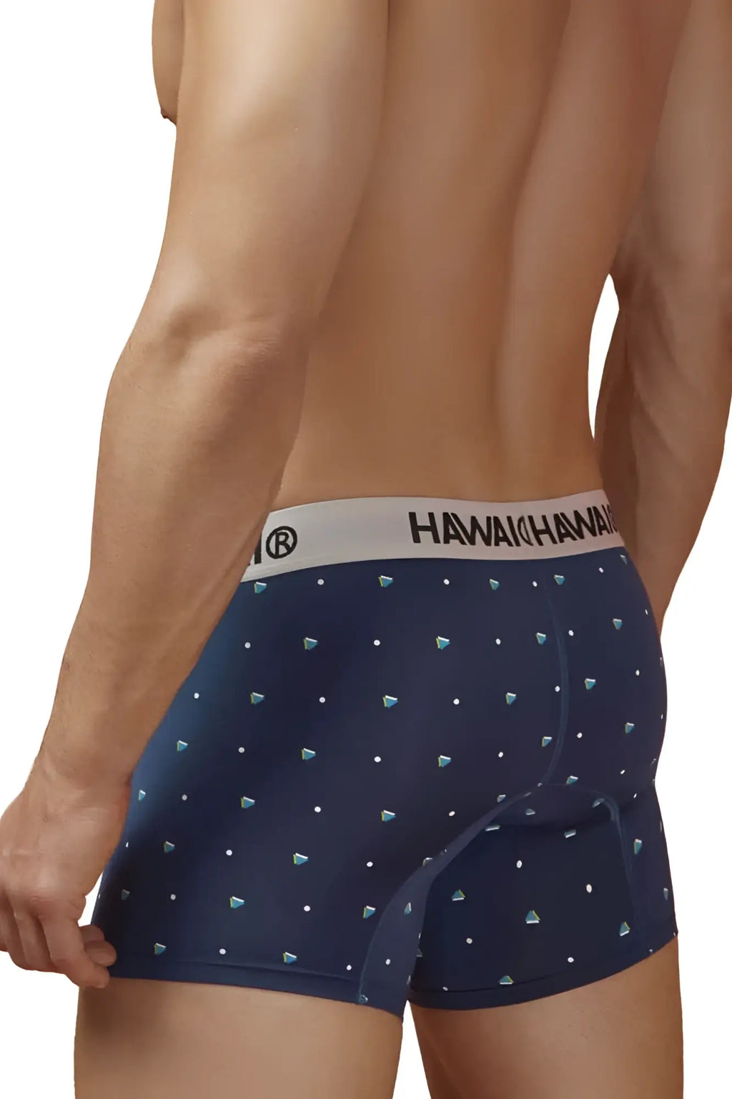Navy blue hawaian 42570 microfiber trunks with teal diamond pattern and white elastic waistband with brand name
