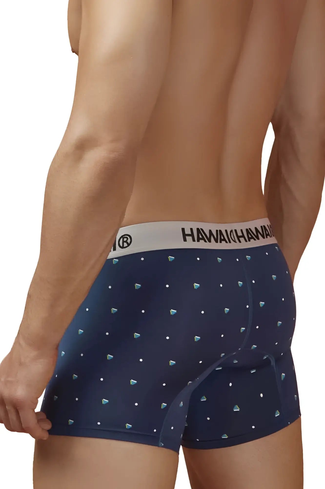 Navy blue hawaian 42570 microfiber trunks with teal diamond pattern and white elastic waistband with brand name