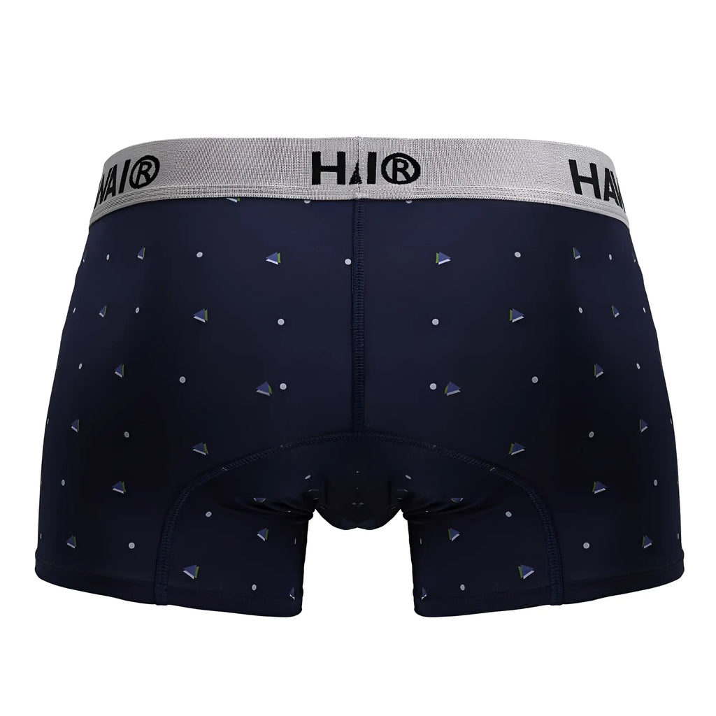 Dark navy hawa 42570 microfiber boxer briefs with silver triangle pattern and gray hai branded waistband