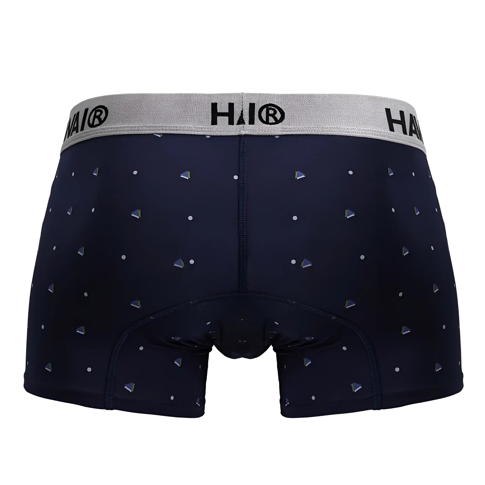 Dark navy hawa 42570 microfiber boxer briefs with silver triangle pattern and gray hai branded waistband
