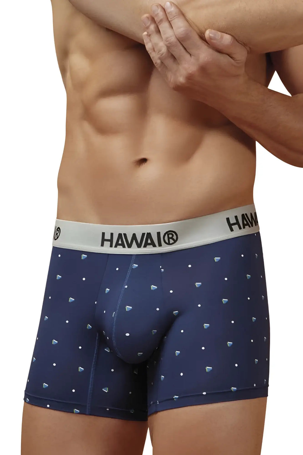 Navy blue hawaai 42570 microfiber boxer briefs with white diamond dot pattern and gray waistband with hawaii branding