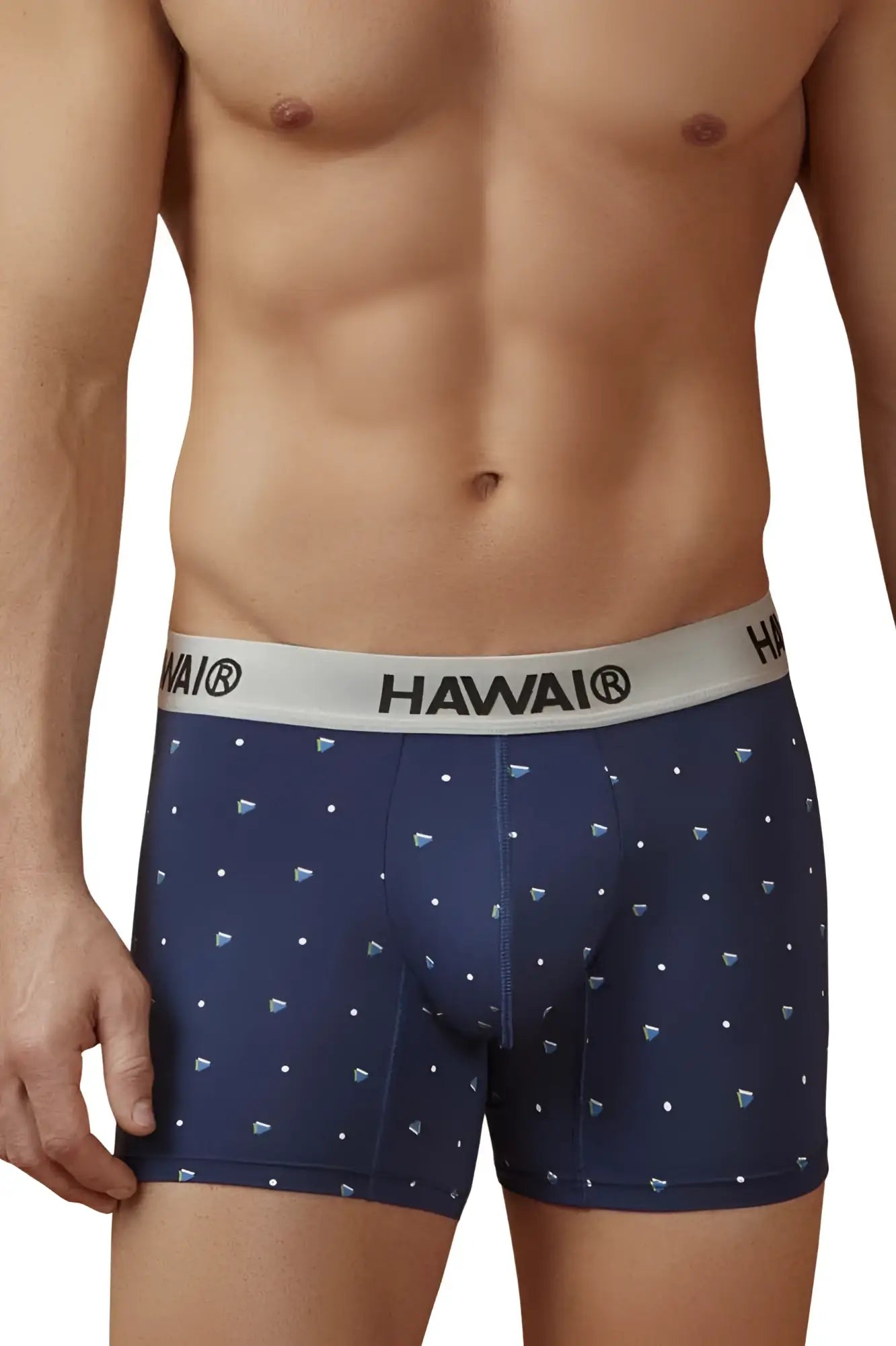 Navy blue microfiber boxer briefs with white waistband branded hawai and diamond patterns model 42570