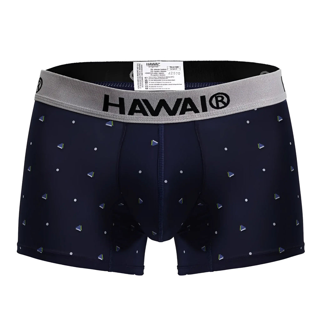Navy blue Hawaii microfiber trunks with gray waistband and silver triangular patterns in HAWAI 42570 design