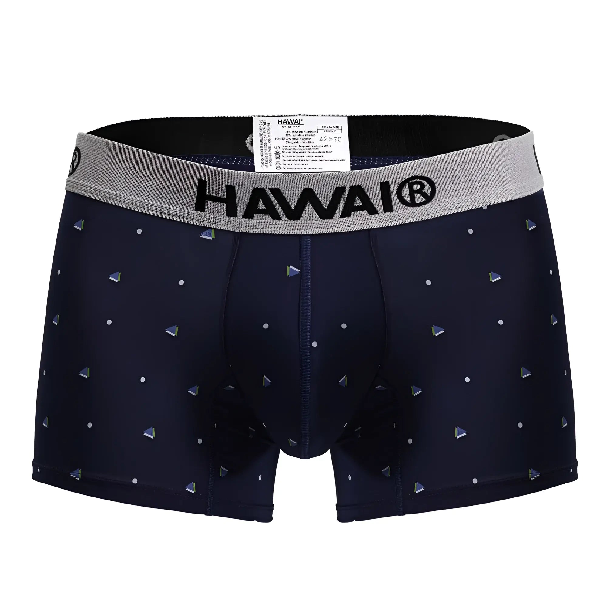 Navy blue Hawaii microfiber trunks with gray waistband and silver triangular patterns in HAWAI 42570 design