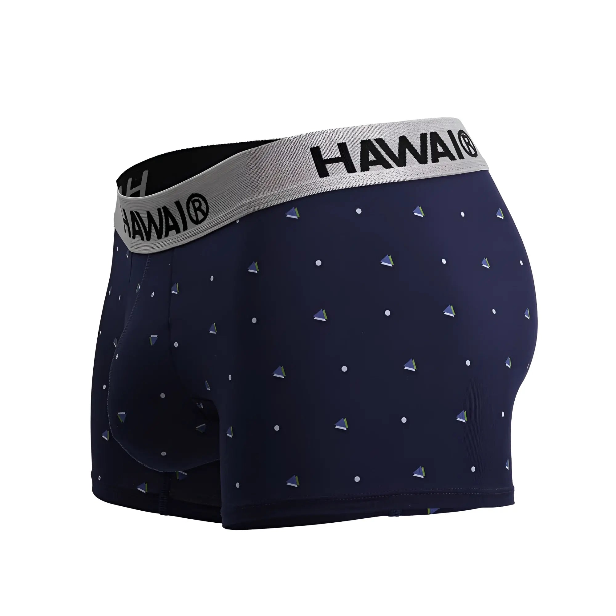 Navy blue hawaii microfiber trunks with gray waistband and silver white triangular dot patterns for men