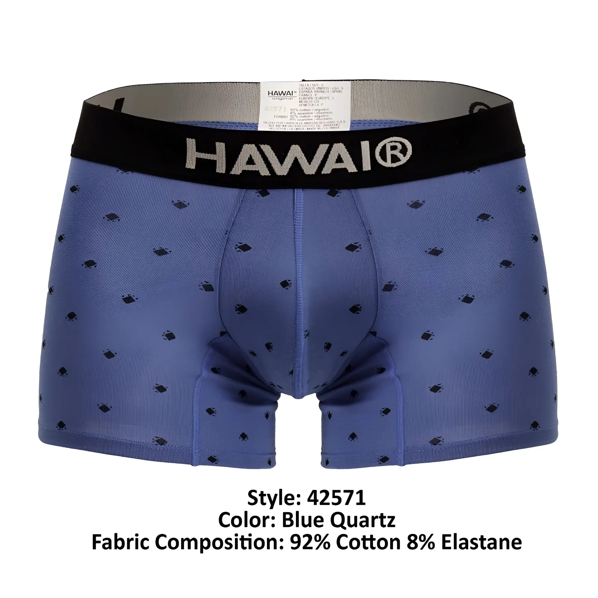 Blue quartz men’s boxer briefs with black waistband featuring hawai logo made from 92% cotton 8% elastane fabric