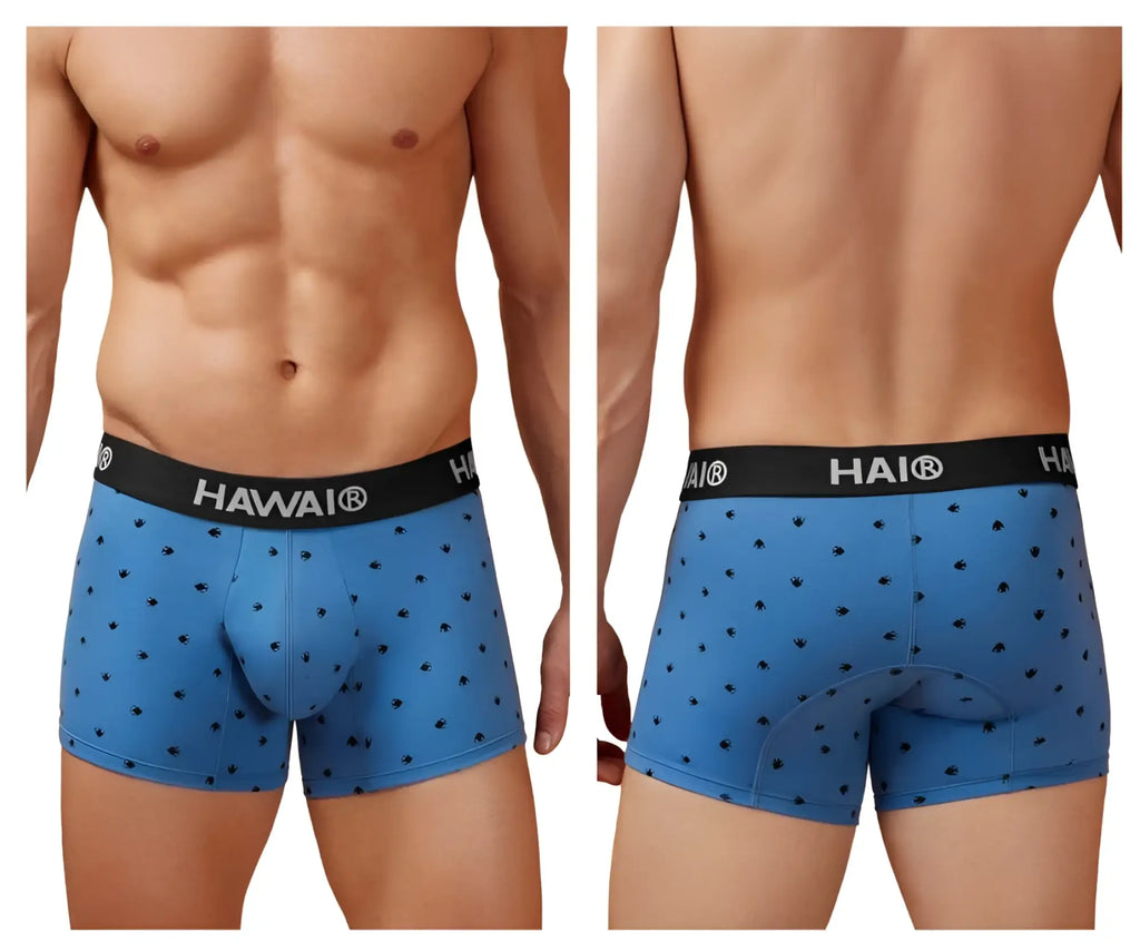 Blue hai boxer briefs in cotton blend featuring black palm tree patterns and a black waistband in blue quartz color