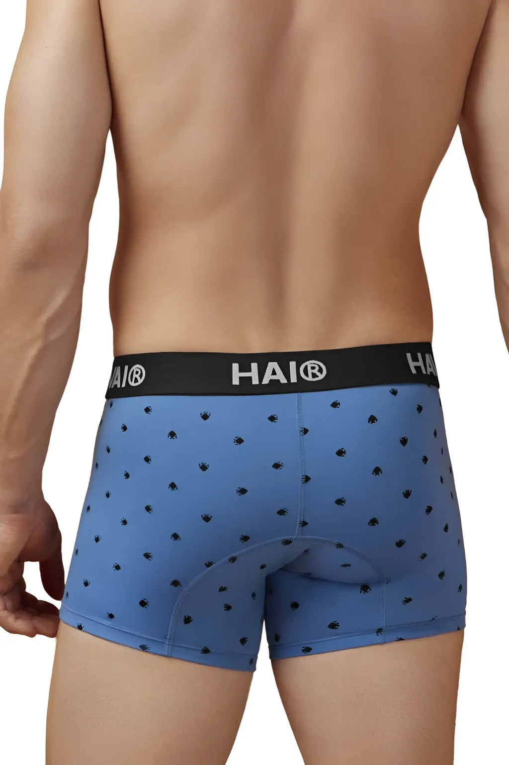 Blue hai boxer briefs in blue quartz with black paw print pattern and padded rear made from cotton blend