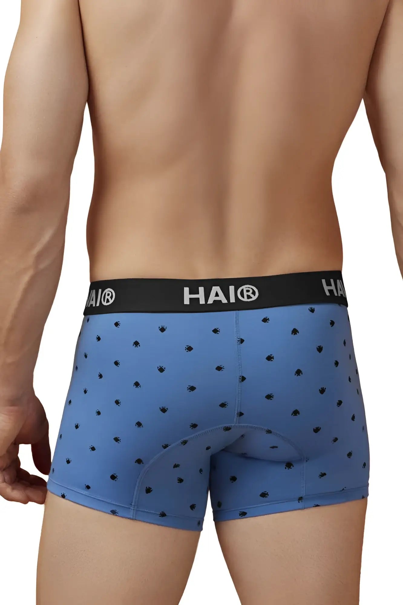 Blue hai boxer briefs in blue quartz with black paw print pattern and padded rear made from cotton blend