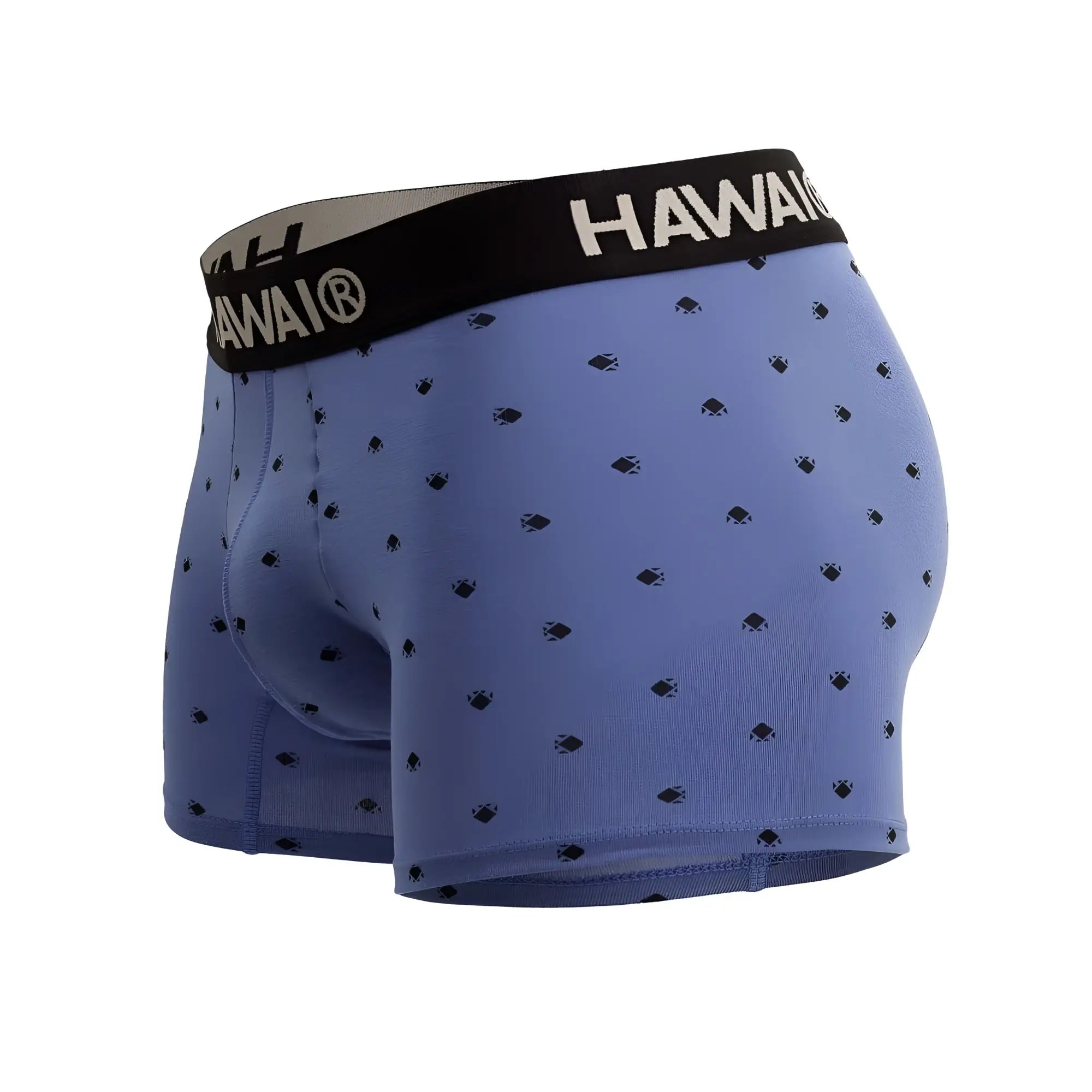 Blue hawaiian boxer briefs cotton blend trunks with black waistband and fish pattern in blue quartz color