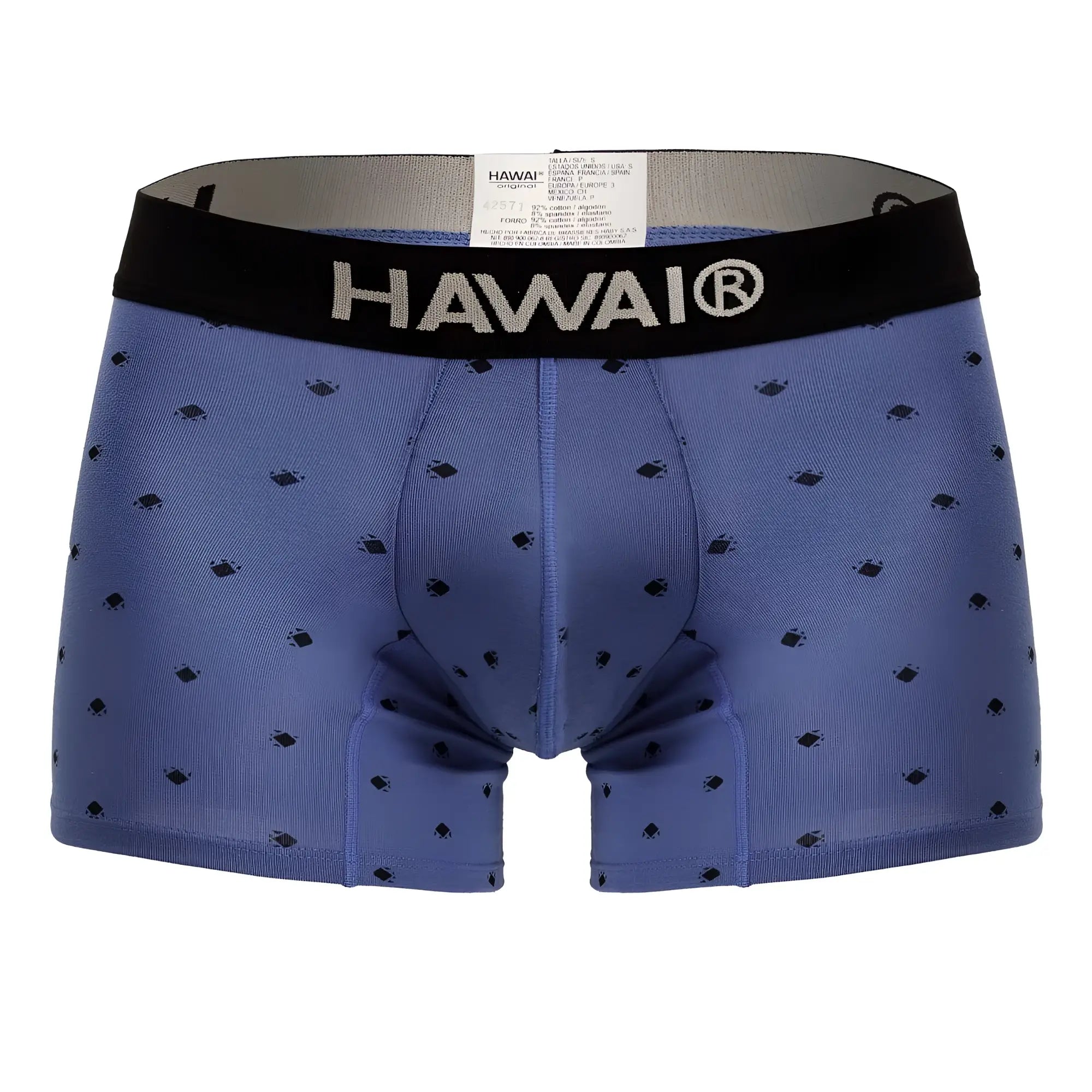 Blue hawaiian boxer briefs with black logo waistband and diamond patterns made from cotton blend trunks material