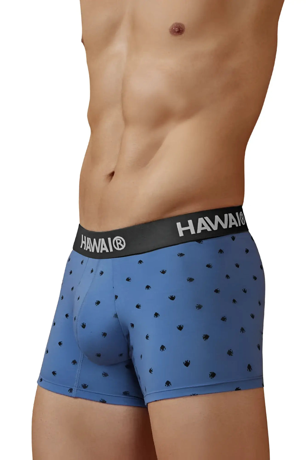 Blue hawaiian cotton blend trunks in blue quartz with black palm tree prints and a black waistband with logo