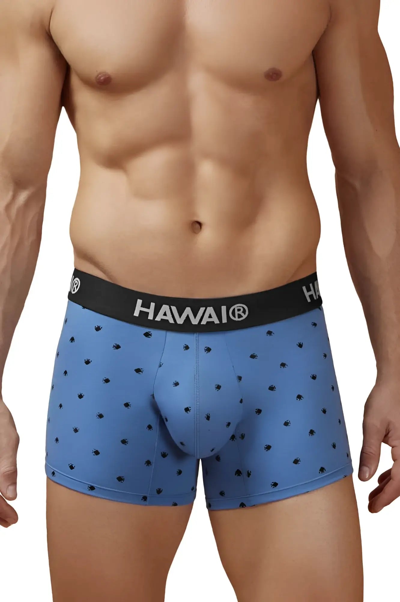 Blue hawaiian cotton blend men’s boxer briefs with black palm tree prints and hawaii logo waistband