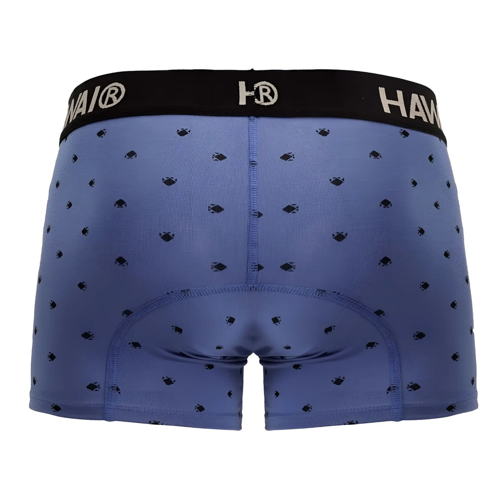 Blue men’s cotton blend boxer briefs with a black hawai waistband and dark fish patterns in blue quartz color
