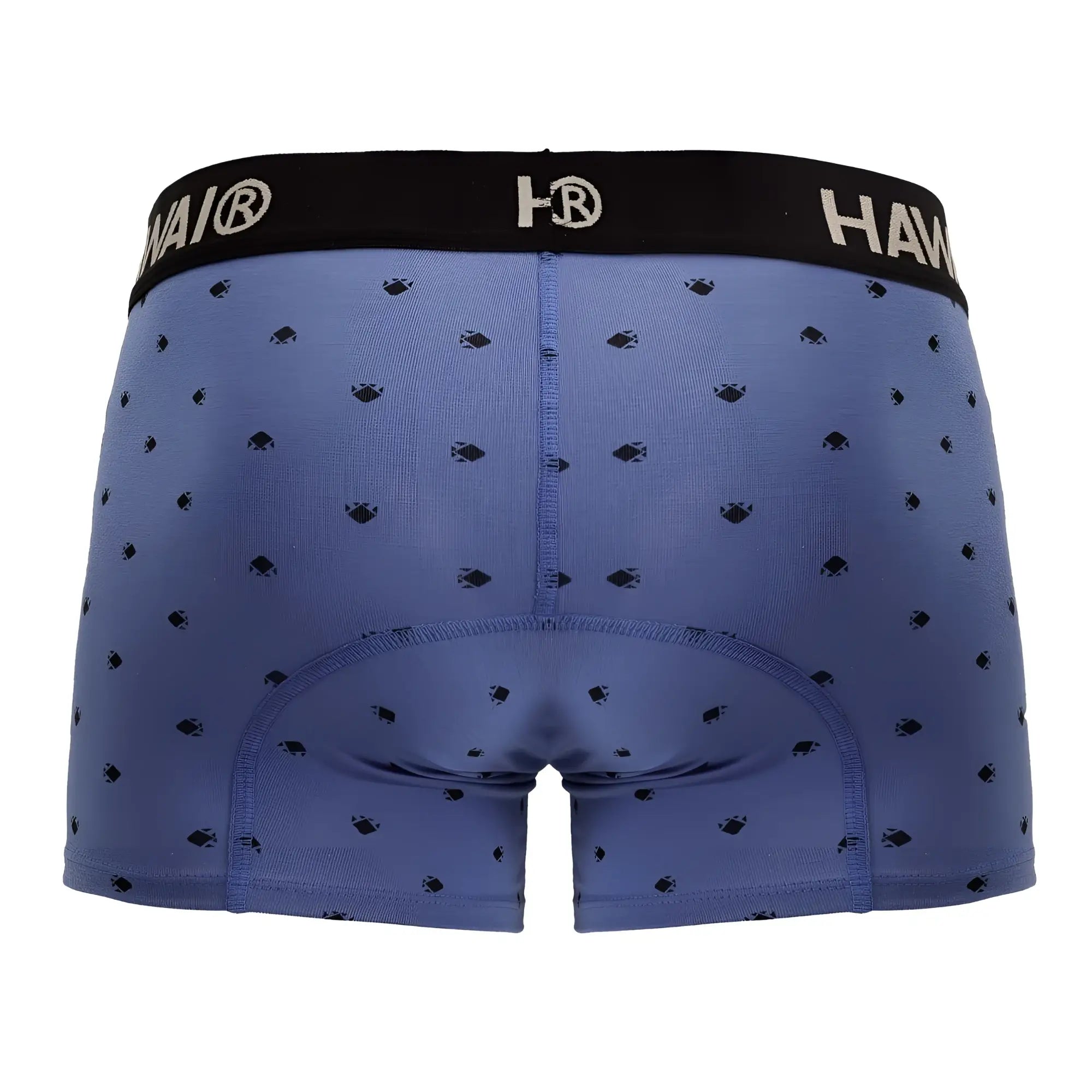 Blue men’s cotton blend boxer briefs with a black hawai waistband and dark fish patterns in blue quartz color