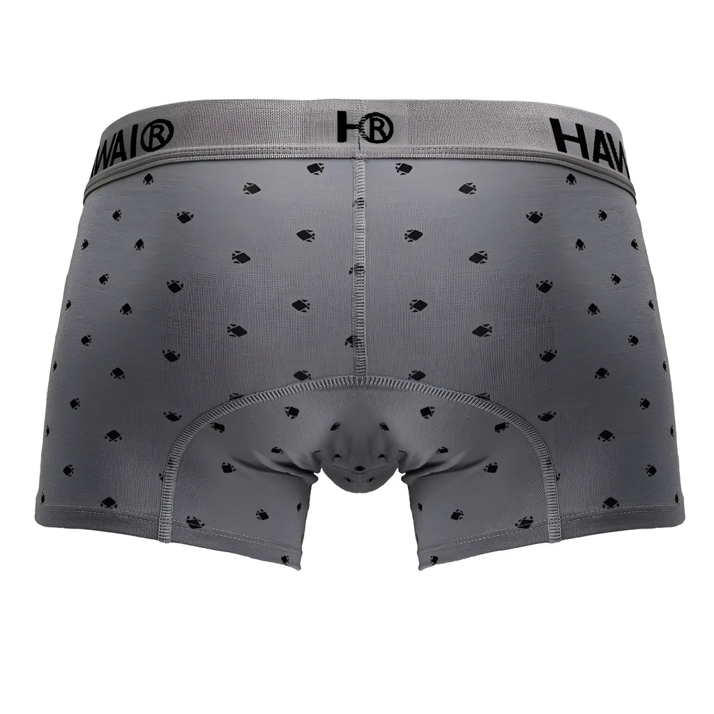 Gray cotton blend boxer briefs with subtle black fish pattern and hawai elastic waistband in trunks style
