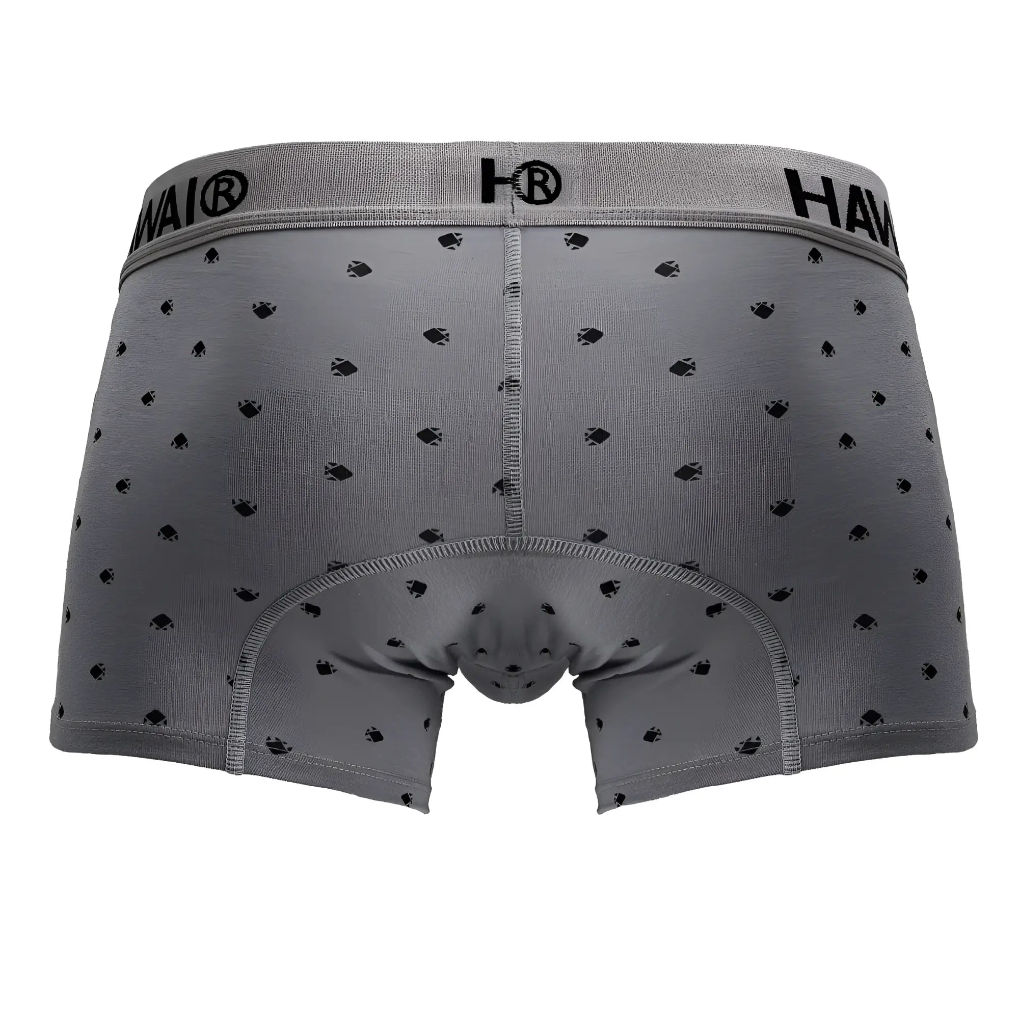 Gray cotton blend boxer briefs with subtle black fish pattern and hawai elastic waistband in trunks style